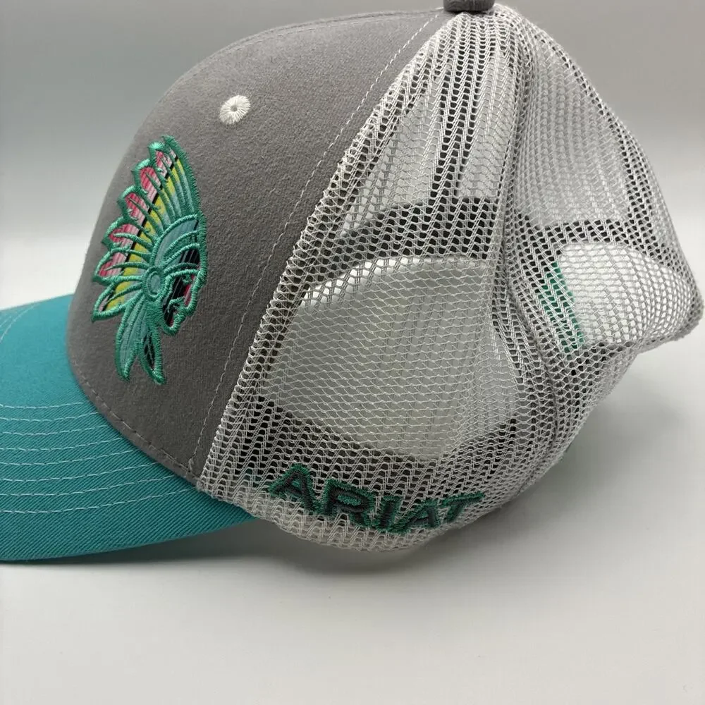 Ariat Turquoise and Gray Native American Mesh Back Snap Back Hat Cap